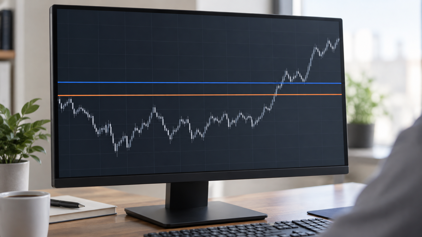 抽象的なチャートと二本の価格ラインを表示したモニターのイメージ