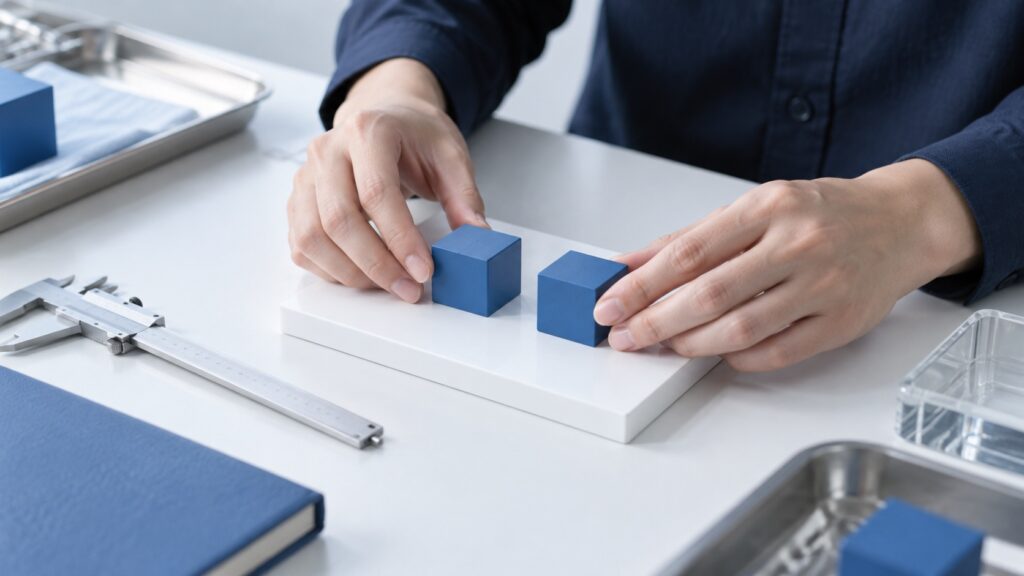 同じ形の二つの器具を並べて照合する手元