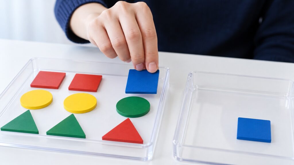 トレーの中から一枚の青いカードを選んで照合する手元