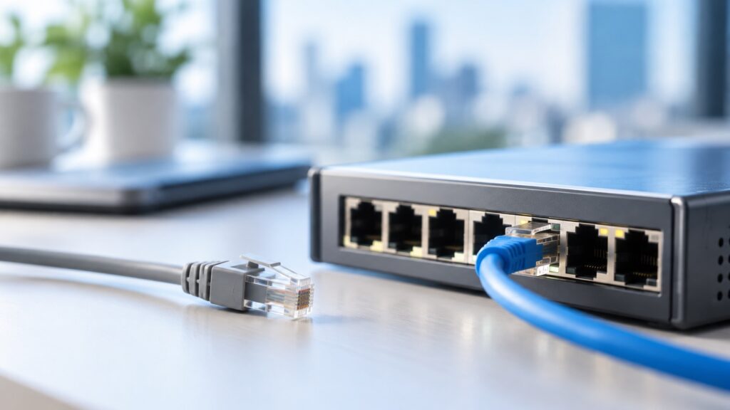 接続されたケーブルと抜かれたケーブルを並べたネットワーク機器