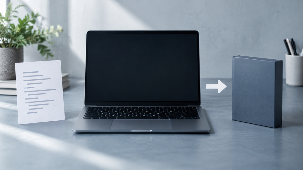 ノートPCとソース・実行物を表す二種類のオブジェクト