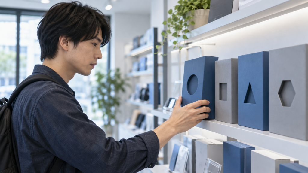 複数の無地のソフトウェア箱を棚から選ぶ手元のイメージ