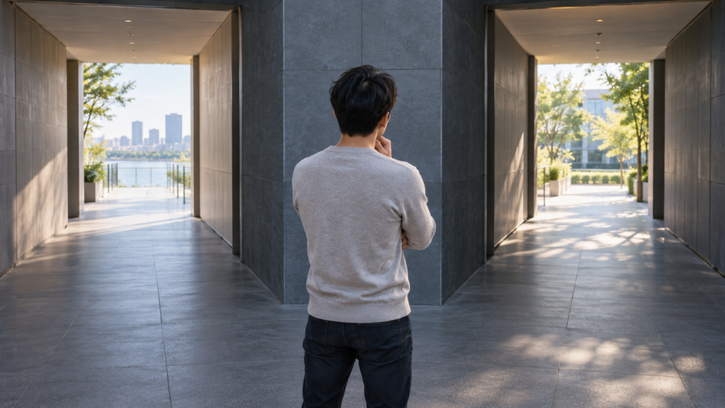 二つの通路の分岐で立ち止まり進む方向を考える人物のイメージ