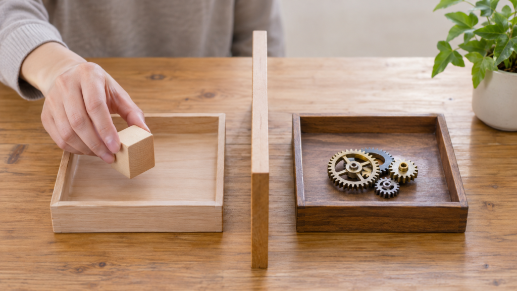 境界の棒を挟んで手と歯車を別々に配置した二つのトレー