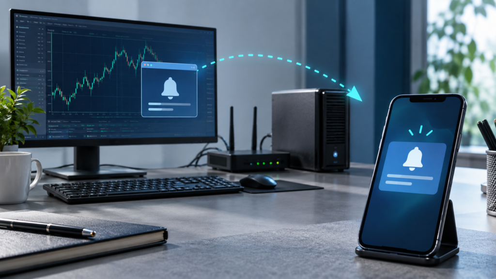 PCからスマホへ通知する環境を表すパソコンとルーター
