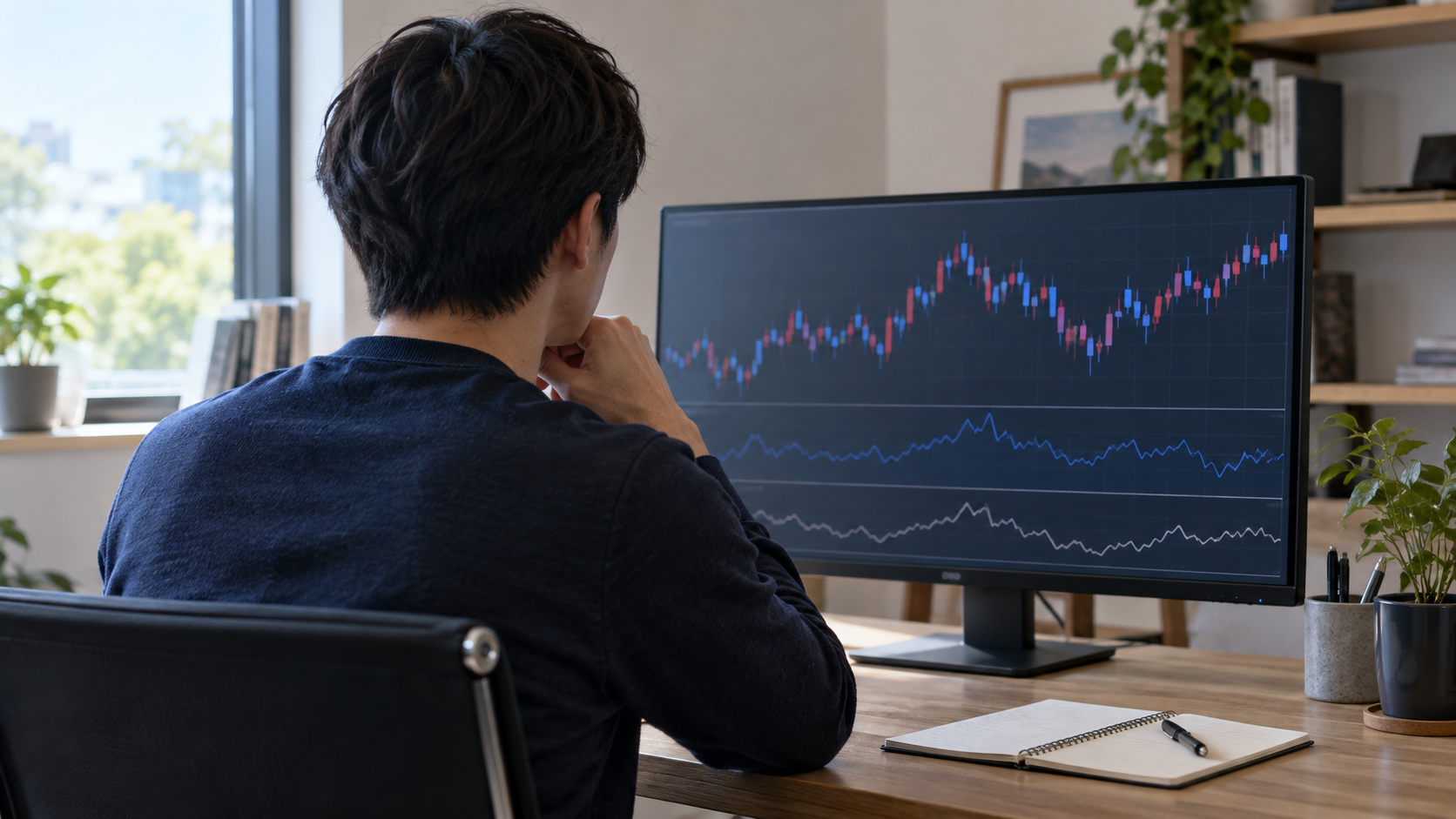 チャートを表示した画面とノートを前に検証する人のイメージ