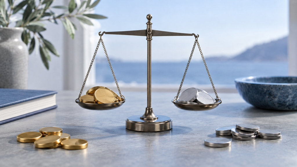 損益通貨の換算を表す二色のトークンと天秤